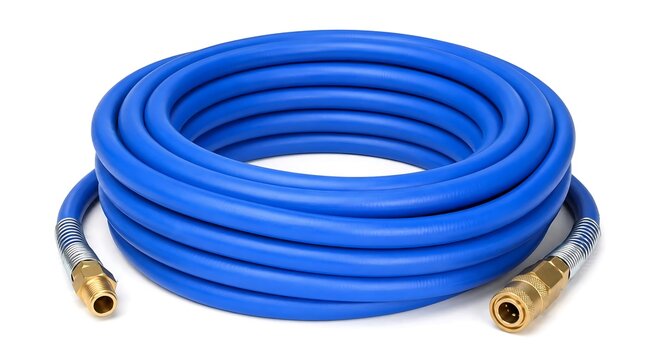 Coiled blue air compressor hose with brass fittings isolated on white.