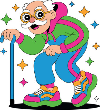 Colorful cartoon illustration of a cool senior citizen walking with a cane