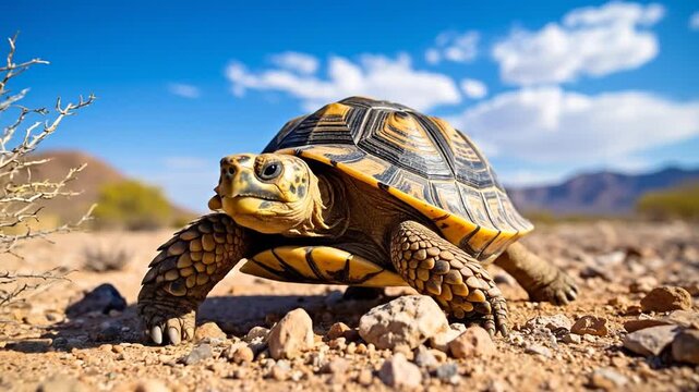 A small tortoise walks across the dry desert ground under a bright blue sky