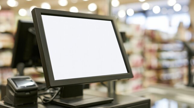 Blank Screen Display of a Modern Retail Point of Sale System in a Blurred Store Background