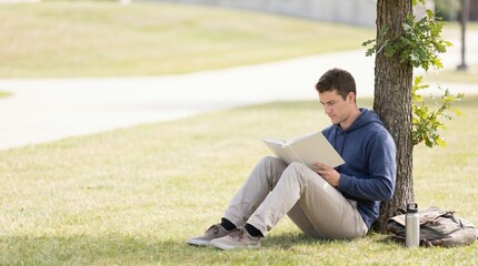 Obraz premium Young man reading a book while sitting under a tree in a park 