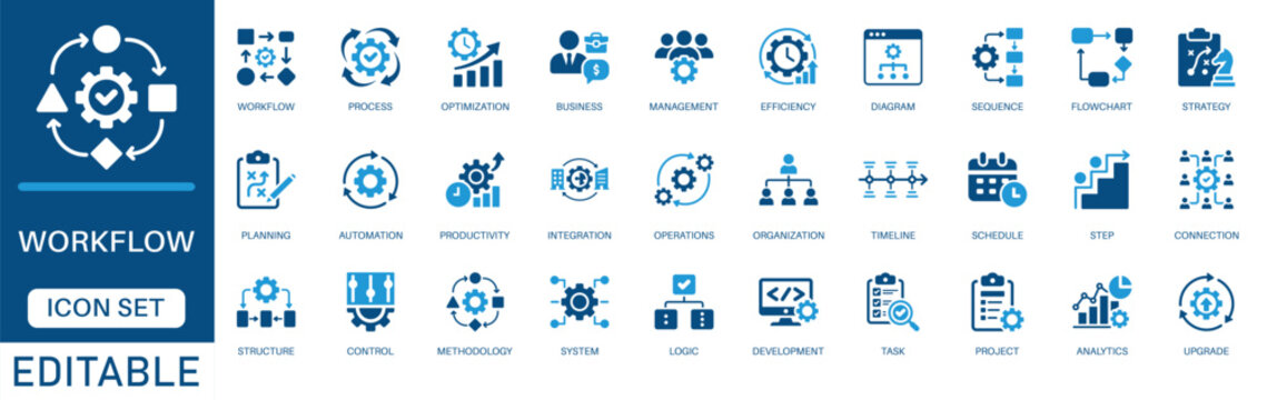Workflow icon set. featuring process optimization, productivity, time management, strategy planning, flowchart diagram, efficiency automation and analytics in a blue flat design.
