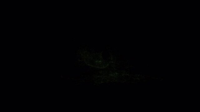 Green energy particle explosion effect on black background.