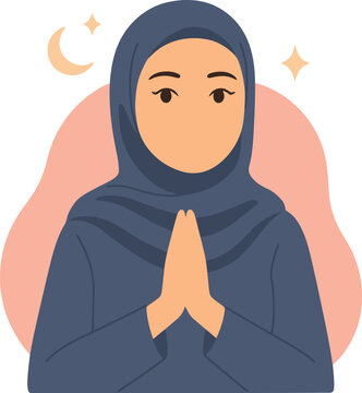 Flat vector illustration of a muslim woman greeting with hands together