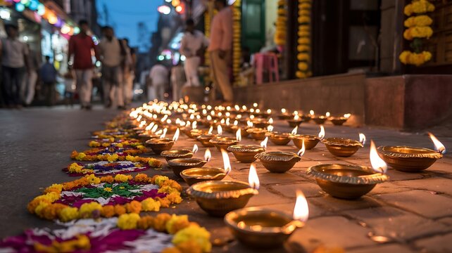 Clay lamps and marigold garlands illuminate a stone pathway during a festive celebration in india diya oil traditional earthen deepa festival lights flowers