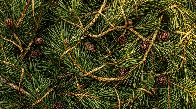 Close-up of pine needles and cones, natural texture and evergreen foliage festive concept, texture background, copy space
