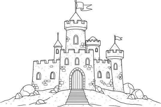 Fantasy medieval castle silhouette with towers and flags on a hill