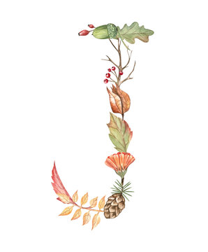 Autumn artistic letter J created from leaves, pine cone, acorn, twig, and berries. Watercolor illustration isolated on transparent. For stickers, monograms, preschool projects, scrapbooking, and more
