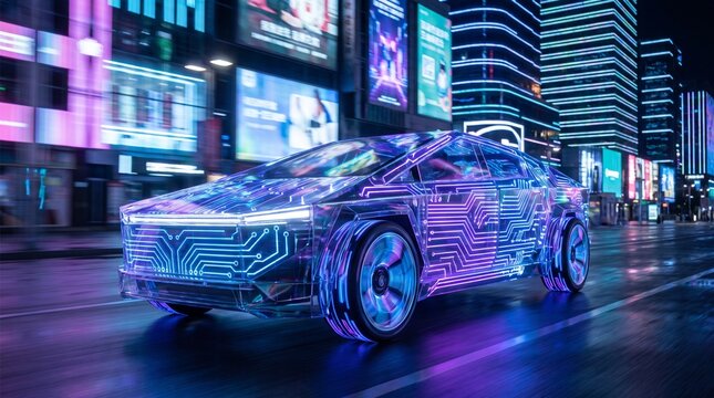 Futuristic electric car with glowing digital circuits driving through modern city, AI automotive innovation, smart mobility, wireless technology and autonomous navigation concept