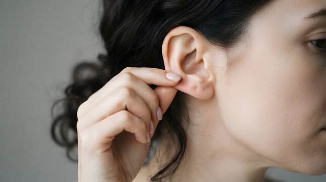 Close up of a young woman gently touching her earlobe with her fingers