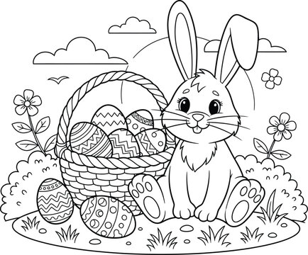 Easter bunny with basket of eggs coloring page illustration