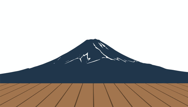 Stylized graphic of Mount Fuji volcano silhouette sitting above a textured wooden floorboard surface.