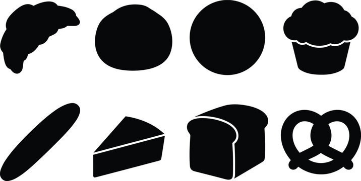 Collection of bakery and pastry black silhouettes including croissant muffin sliced bread bagel baguette and pretzel isolated on white background