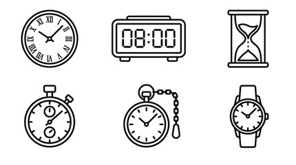 Fototapeta premium Clock and Time Line Icon Variation Set of 6, Wall Clock Alarm Hourglass Stopwatch Pocket Watch Wristwatch Outline Vector, Editable Stroke