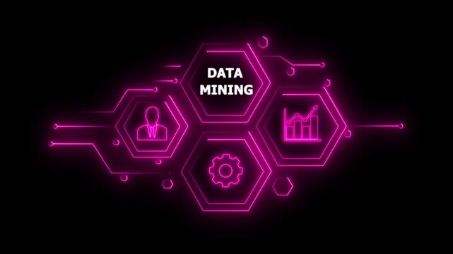 Abstract neon Hud knowledge ability business gear icon Glowing neon line concept. Glowing " DATA MINING " button in German on a futuristic, abstract wave technology on black background. 4K video..