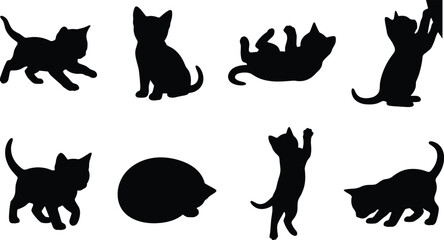 Collection of cute kitten silhouettes in various playful poses isolated on white background for graphic design elements © MdMehedi