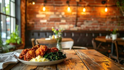 Obraz premium Fried chicken dinner with mashed potatoes and greens.