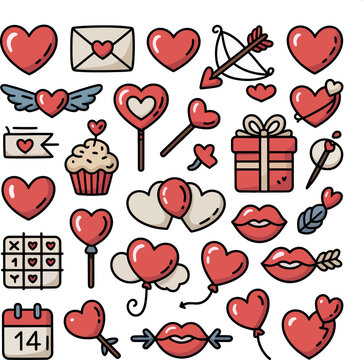 Valentine day love symbols set with red hearts and romantic icons, love letter