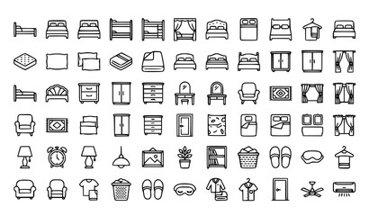 Bedroom Furniture and Home Interior Decoration Icon Set with Outlined Line Symbols for Real Estate Apps, Architecture, and Vector Graphic Designs © MdRifat