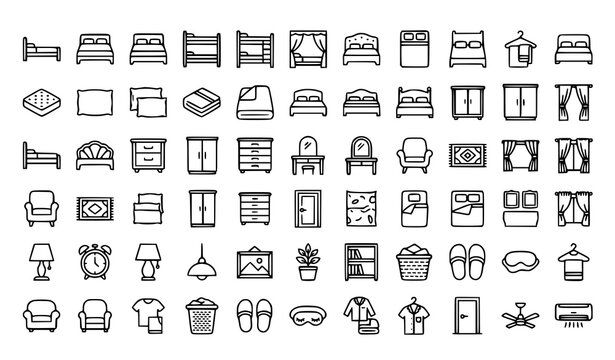 Bedroom Furniture and Home Interior Decoration Icon Set with Outlined Line Symbols for Real Estate Apps, Architecture, and Vector Graphic Designs