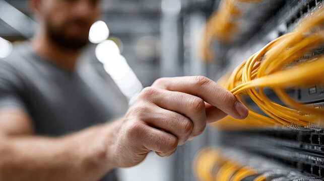 IT technical specialist installing network cable connections into a comms rack cabinet, depicting computer server maintenance and operations in a modern data center environment