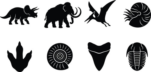 Collection of prehistoric dinosaur silhouettes woolly mammoth and ancient marine fossil icons isolated on white background © MdMehedi