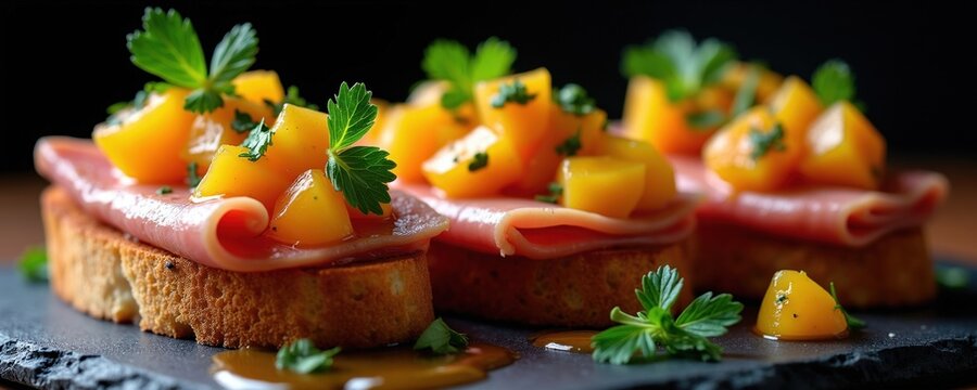 Gourmet duck confit crostini topped with fresh peach salsa served on black slate plate. Crispy toasted bread slices feature savoury meat, sweet fruit pieces. Appetizer dish garnished with green herbs