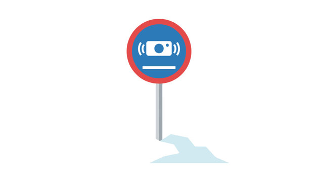 Blue speed camera warning sign standing on a snow-covered mound against a clean white background.