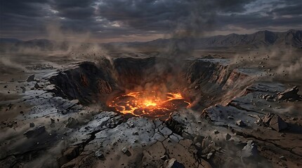 Fototapeta premium Fiery Volcanic Crater with Molten Lava and Smoke volcano