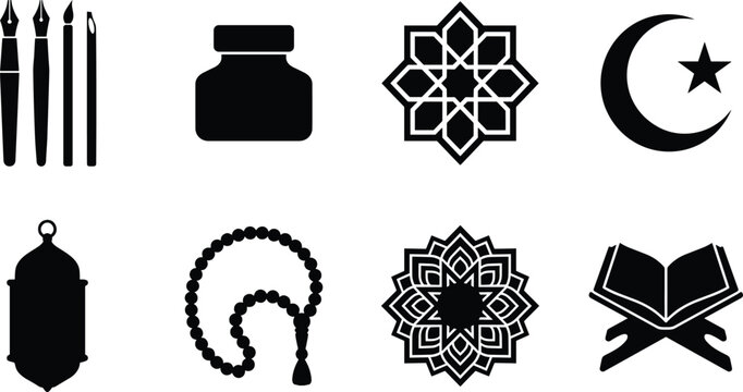 Collection of simple black Islamic religious symbols and traditional calligraphy tools isolated on a white background