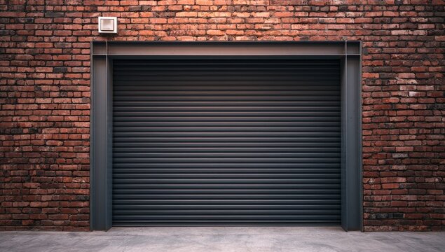 Industrial steel roller door set into weathered red brick wall
