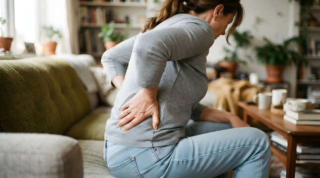 Woman experiencing lower back pain at home while bending over on the sofa