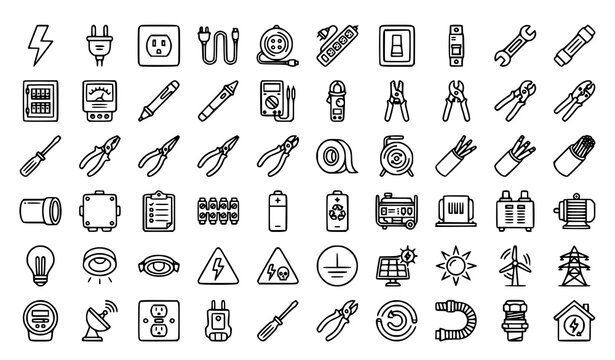 Electrical Engineer Tools and Power Energy Icon Set with Outlined Line Symbols for Electrician Services, Web Apps, and Graphic Designs