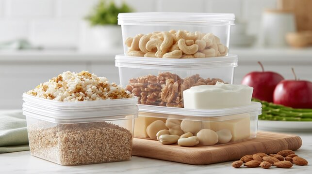 Clear Airtight Food Storage Containers Filled With Healthy Snacks And Grains On Kitchen Counter