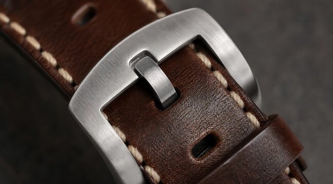 Macro of silver metal buckle on brown leather watch strap detail