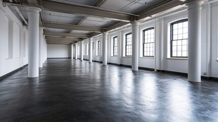 Obraz premium Spacious Industrial Loft with Large Windows and Polished Concrete Floor