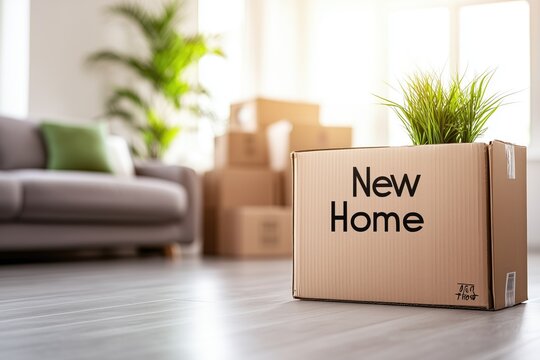 Cardboard Box labeled 'New Home' amidst a modern, bright living room setting, symbolizing moving and fresh starts.