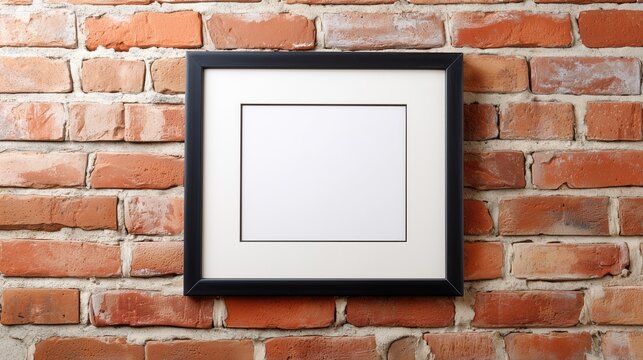 Blank picture frame on red brick wall with empty space for artwork or design mockup