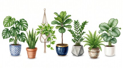 Fototapeta premium Collection of seven beautiful potted houseplants isolated on white background. Set of trendy green indoor plants monstera, ficus, snake plant and calathea in modern ceramic phots. Home decor concept. 