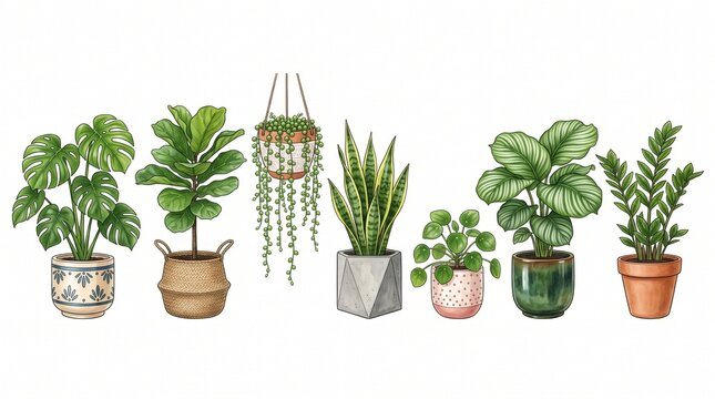 Collection of seven beautiful potted houseplants isolated on white background. Set of trendy green indoor plants monstera, ficus, snake plant and calathea in modern ceramic phots. Home decor concept. 