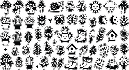 Cute Garden Sticker Set Featuring Cartoon Mushrooms, Potted Plants, Cactus, Butterfly, Snail, Ladybug, Watering Can, Rubber Boots, and Birdhouse Line Art Vector © BijoyChandra