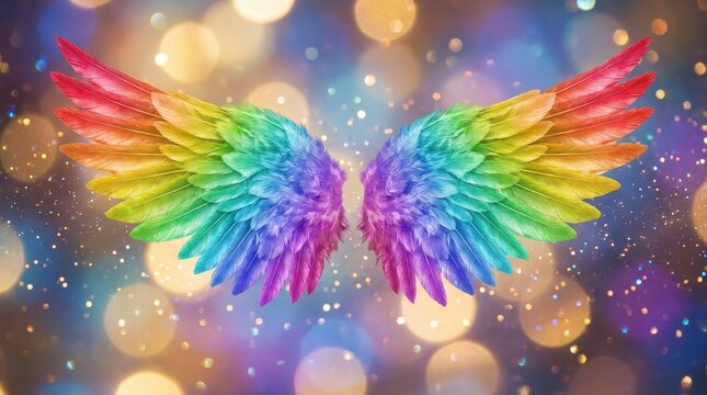Bright rainbow angel wings spread wide against a colorful glowing bokeh background with soft lights