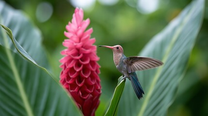 Fototapeta premium Tiny hummingbird hovering near vibrant pink ginger flower amidst lush green tropical foliage