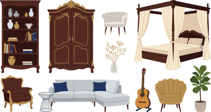 Classic vintage furniture vector set featuring canopy bed elegant wardrobe bookshelf comfortable sofas and home decor elements.