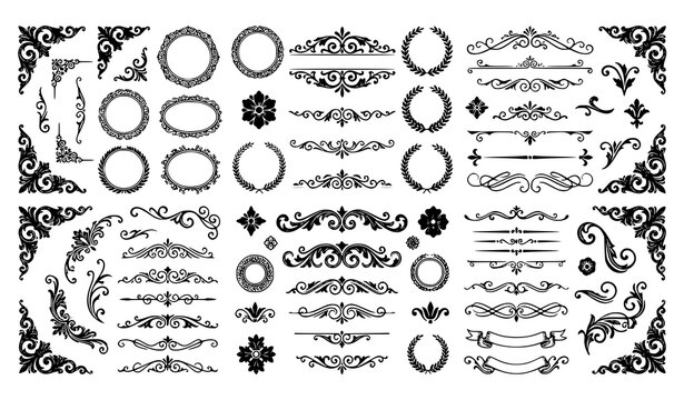 Vintage Ornate Calligraphic Design Elements Set with Floral Corner Borders, Elegant Dividers, Flourish Frames, and Royal Baroque Accent Scrolls for Invitations