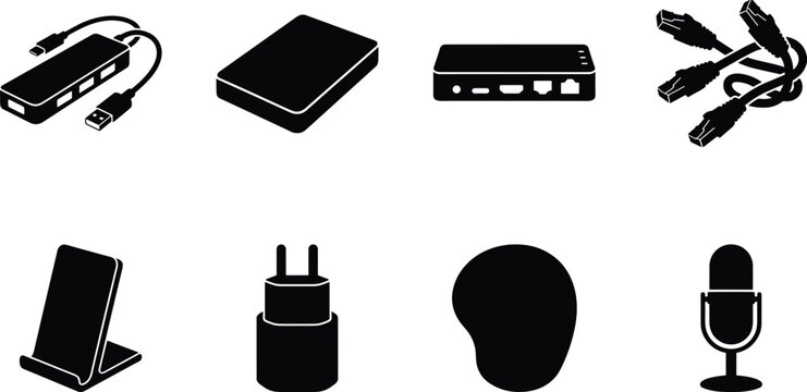 Computer hardware accessories and electronic devices pitch black solid silhouette vector set isolated on white background for technology design collection
