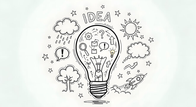 Creative light bulb idea sketch, hand drawn business innovation doodles on white background, brainstorming concept with rocket and cloud icons