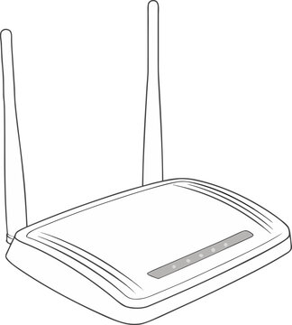 A white, modern wireless router is centered in the image against a solid, medium-gray background. The router has a sleek, rounded design with a slightly curved top surface. Two tall, thin, white anten