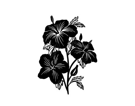 Silhouette tropical black hibiscus vector flowers set. Floral monochrome illustration decal, decor, clipart, poster, sticker, template. Tea hibiscus.