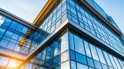 Obraz premium Modern glass skyscraper facade reflecting sunlight and sky, showcasing contemporary architecture and urban design